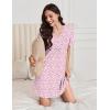 Ekouaer Nightgowns for Women Cotton Night Gowns Pleated Nightshirts Henley V Neck Sleepshirts Short Sleeve Sleepwear(White Pink Florals)