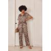 Ekouaer Satin Pajama Set Womens Silk Short Sleeve V Neck Shirt with Long Pant Soft Loungewear Pjs Set(Apricot Black Leopard)