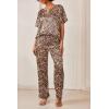 Ekouaer Satin Pajama Set Womens Silk Short Sleeve V Neck Shirt with Long Pant Soft Loungewear Pjs Set(Apricot Black Leopard)