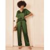 Ekouaer Satin Pajama Set Womens Silk Short Sleeve V Neck Shirt with Long Pant Soft Loungewear Pjs Set(Army Green)