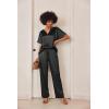 Ekouaer Satin Pajama Set Womens Silk Short Sleeve V Neck Shirt with Long Pant Soft Loungewear Pjs Set(Black)