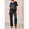 Ekouaer Satin Pajama Set Womens Silk Short Sleeve V Neck Shirt with Long Pant Soft Loungewear Pjs Set(Black)