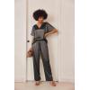 Ekouaer Satin Pajama Set Womens Silk Short Sleeve V Neck Shirt with Long Pant Soft Loungewear Pjs Set(Dark Grey)
