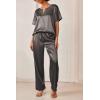 Ekouaer Satin Pajama Set Womens Silk Short Sleeve V Neck Shirt with Long Pant Soft Loungewear Pjs Set(Dark Grey)