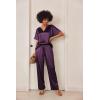 Ekouaer Satin Pajama Set Womens Silk Short Sleeve V Neck Shirt with Long Pant Soft Loungewear Pjs Set(Deep Purple)
