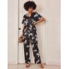 Ekouaer Satin Pajama Set Womens Silk Short Sleeve V Neck Shirt with Long Pant Soft Loungewear Pjs Set(Floral Black)