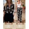 Ekouaer Satin Pajama Set Womens Silk Short Sleeve V Neck Shirt with Long Pant Soft Loungewear Pjs Set(Floral Black)