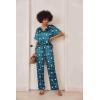 Ekouaer Satin Pajama Set Womens Silk Short Sleeve V Neck Shirt with Long Pant Soft Loungewear Pjs Set(Floral Blue/Green)