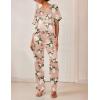 Ekouaer Satin Pajama Set Womens Silk Short Sleeve V Neck Shirt with Long Pant Soft Loungewear Pjs Set(Floral Pink)