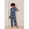 Ekouaer Satin Pajama Set Womens Silk Short Sleeve V Neck Shirt with Long Pant Soft Loungewear Pjs Set(Flower Navy Blue)