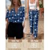 Ekouaer Satin Pajama Set Womens Silk Short Sleeve V Neck Shirt with Long Pant Soft Loungewear Pjs Set(Flower Navy Blue)