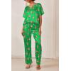 Ekouaer Satin Pajama Set Womens Silk Short Sleeve V Neck Shirt with Long Pant Soft Loungewear Pjs Set(Green Tiger)