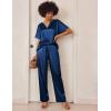 Ekouaer Satin Pajama Set Womens Silk Short Sleeve V Neck Shirt with Long Pant Soft Loungewear Pjs Set(Navy Blue)