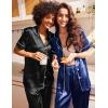 Ekouaer Satin Pajamas Set Women Short Sleeve Sleepwear Soft Button Down Loungewear Pjs Set(Black/Blue)