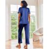 Ekouaer Satin Pajamas Set Women Short Sleeve Sleepwear Soft Button Down Loungewear Pjs Set(Black/Blue)
