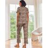 Ekouaer Satin Pajamas Set Women Short Sleeve Sleepwear Soft Button Down Loungewear Pjs Set(Black/Brown Leopard)