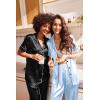 Ekouaer Satin Pajamas Set Women Short Sleeve Sleepwear Soft Button Down Loungewear Pjs Set(Black/Light Blue)