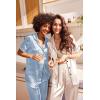 Ekouaer Satin Pajamas Set Women Short Sleeve Sleepwear Soft Button Down Loungewear Pjs Set(Champagne/Light Blue)