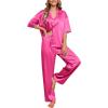 Ekouaer Silk Satin Pajamas Set Women Short Sleeve Pj Sets Button Down Sleepwear 2 Piece Soft Loungewear S-XXL(Rose Red)