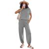Ekouaer Two Piece Outfits Lounge Sets for Women Sweater Sets Knit Short Sleeve Tops Jogger Pants Matching Tracksuit(Grey)