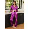 Ekouaer Womens Satin Silky Pajama Set 2 Piece Print PJs Soft Loungewear Button Down Sleepwear with Elastic Waist Long Pants(Purple Large Leopard)