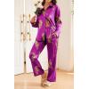 Ekouaer Womens Satin Silky Pajama Set 2 Piece Print PJs Soft Loungewear Button Down Sleepwear with Elastic Waist Long Pants(Purple Large Leopard)