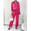 Ekouaer Womens Satin Silky Pajama Set 2 Piece Print PJs Soft Loungewear Button Down Sleepwear with Elastic Waist Long Pants(Rose Red)