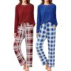 Ekouaer 2 Pack Women Pajama Long Sleeve Sleepwear Soft Loungewear Pjs Sets with Pockets S-XXL(Wine Red Plaid/Blue Plaid)
