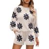 Ekouaer Knit Pajamas Set for Women Lounge Wear Sets Long Sleeve Sweatsuit Matching 2 Piece Outfits Casual Sweater Sets S-XXL(A-white Flower)