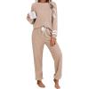 Ekouaer Lounge Sets for Women Ribbed Knit Outfits Pajamas Sets 2 Piece Long Sleeve Sweatsuits with Pockets(Khaki)