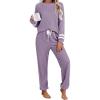 Ekouaer Lounge Sets for Women Ribbed Knit Outfits Pajamas Sets 2 Piece Long Sleeve Sweatsuits with Pockets(Purple)