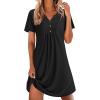 Ekouaer Nightgowns for Women Cotton Night Gowns Pleated Nightshirts Henley V Neck Sleepshirts Short Sleeve Sleepwear(Black)