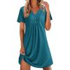 Ekouaer Nightgowns for Women Cotton Night Gowns Pleated Nightshirts Henley V Neck Sleepshirts Short Sleeve Sleepwear(Blue Green)