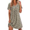Ekouaer Nightgowns for Women Cotton Night Gowns Pleated Nightshirts Henley V Neck Sleepshirts Short Sleeve Sleepwear(Brown Leopard)