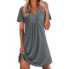 Ekouaer Nightgowns for Women Cotton Night Gowns Pleated Nightshirts Henley V Neck Sleepshirts Short Sleeve Sleepwear(Grey)