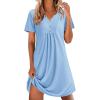 Ekouaer Nightgowns for Women Cotton Night Gowns Pleated Nightshirts Henley V Neck Sleepshirts Short Sleeve Sleepwear(Light Blue)
