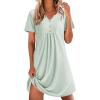 Ekouaer Nightgowns for Women Cotton Night Gowns Pleated Nightshirts Henley V Neck Sleepshirts Short Sleeve Sleepwear(Light Green)