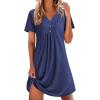 Ekouaer Nightgowns for Women Cotton Night Gowns Pleated Nightshirts Henley V Neck Sleepshirts Short Sleeve Sleepwear(Navy Blue)