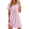 Ekouaer Nightgowns for Women Cotton Night Gowns Pleated Nightshirts Henley V Neck Sleepshirts Short Sleeve Sleepwear(White Pink Florals)