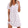 Ekouaer Nightgowns for Women Cotton Night Gowns Pleated Nightshirts Henley V Neck Sleepshirts Short Sleeve Sleepwear(White Pink Line Florals)