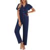Ekouaer Pajamas for Women Set Button Up Sleepwear Cute Pjs Ruffle Sleeve Notch Collar Loungewear with Long Pants S-XXL(Navy Blue)