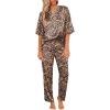 Ekouaer Satin Pajama Set Womens Silk Short Sleeve V Neck Shirt with Long Pant Soft Loungewear Pjs Set(Apricot Black Leopard)