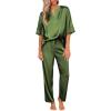 Ekouaer Satin Pajama Set Womens Silk Short Sleeve V Neck Shirt with Long Pant Soft Loungewear Pjs Set(Army Green)