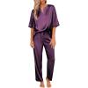Ekouaer Satin Pajama Set Womens Silk Short Sleeve V Neck Shirt with Long Pant Soft Loungewear Pjs Set(Deep Purple)