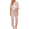 Ekouaer Satin Pajama Set Womens Silk Short Sleeve V Neck Shirt with Long Pant Soft Loungewear Pjs Set(Floral Khaki White)