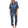 Ekouaer Satin Pajama Set Womens Silk Short Sleeve V Neck Shirt with Long Pant Soft Loungewear Pjs Set(Flower Navy Blue)