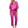 Ekouaer Satin Pajama Set Womens Silk Short Sleeve V Neck Shirt with Long Pant Soft Loungewear Pjs Set(Plum)