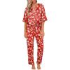 Ekouaer Satin Pajama Set Womens Silk Short Sleeve V Neck Shirt with Long Pant Soft Loungewear Pjs Set(Red Christmas)