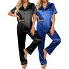 Ekouaer Satin Pajamas Set Women Short Sleeve Sleepwear Soft Button Down Loungewear Pjs Set(Black/Blue)