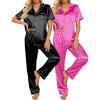 Ekouaer Satin Pajamas Set Women Short Sleeve Sleepwear Soft Button Down Loungewear Pjs Set(Black/Pink Leopard)